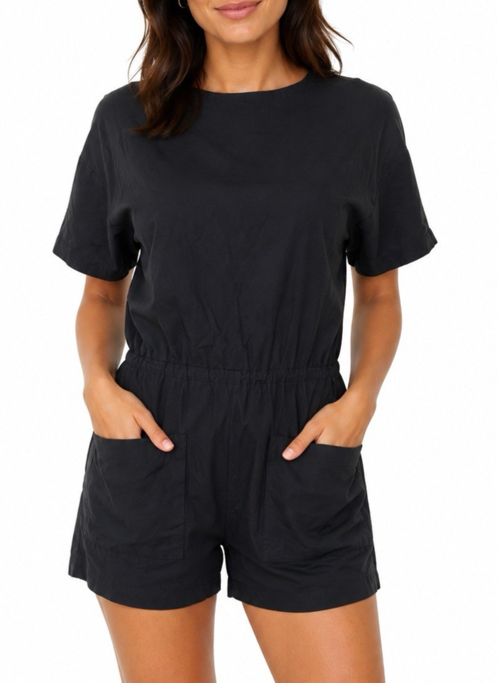 Christian Wijnants Romper Black Short Sleeve Crew Neck Pockets Drawstring Waist